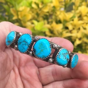 5 stone VINTAGE NAVAJO TURQUOISE sterling CUFF SzL
